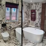 Collaged views of the toilet and bath areas of the bathroom
