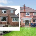 Before and after exterior shots of the extension showing the bay window replaced by a dining room with patio doors 