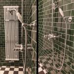 Victorian style radiator by Zenhnder and Burlington shower fittings mounted on Edwardian green metro tiles by Original Style